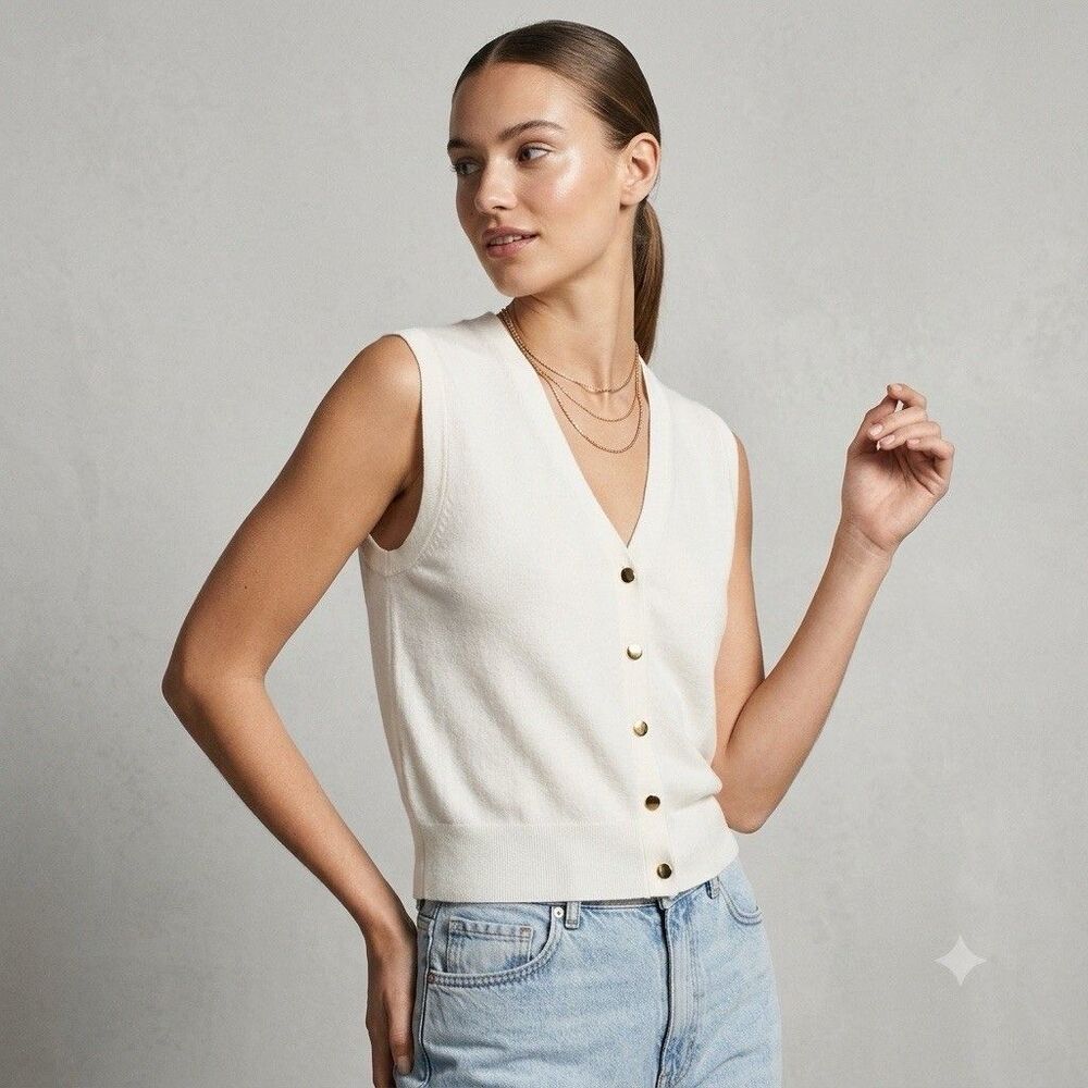 ZARA Cream Gold Button Knit Sweater Vest Top V-Neck Off White Sz S Quiet Luxury
